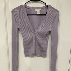Ribbed V-Neck Button Front Cardigan - Lavender